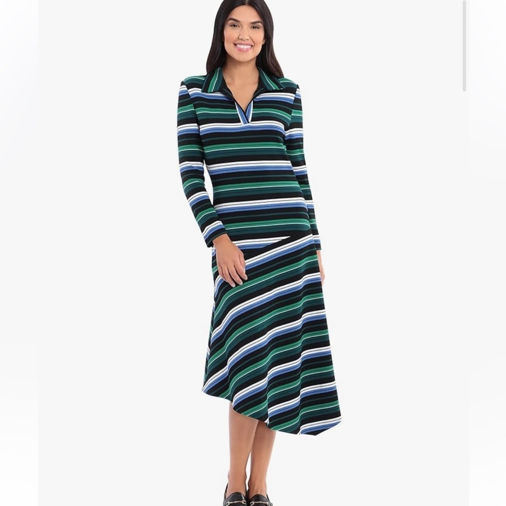 Maggy London Farren Shirt Collar Stripe Asymmetrical Long Sleeve Dress, size 16